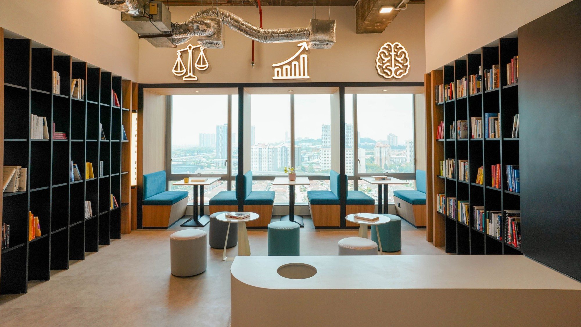 The Forward Pace library, with bookshelves and window seats